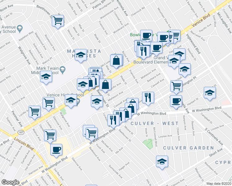 map of restaurants, bars, coffee shops, grocery stores, and more near 12757 Matteson Avenue in Los Angeles