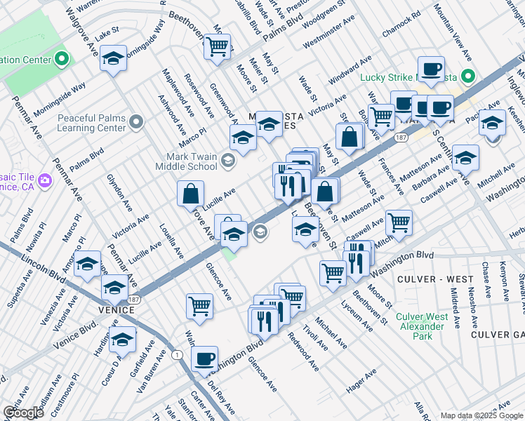 map of restaurants, bars, coffee shops, grocery stores, and more near 13011 Venice Boulevard in Los Angeles