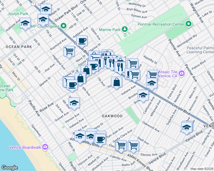 map of restaurants, bars, coffee shops, grocery stores, and more near 659b 7th Avenue in Los Angeles