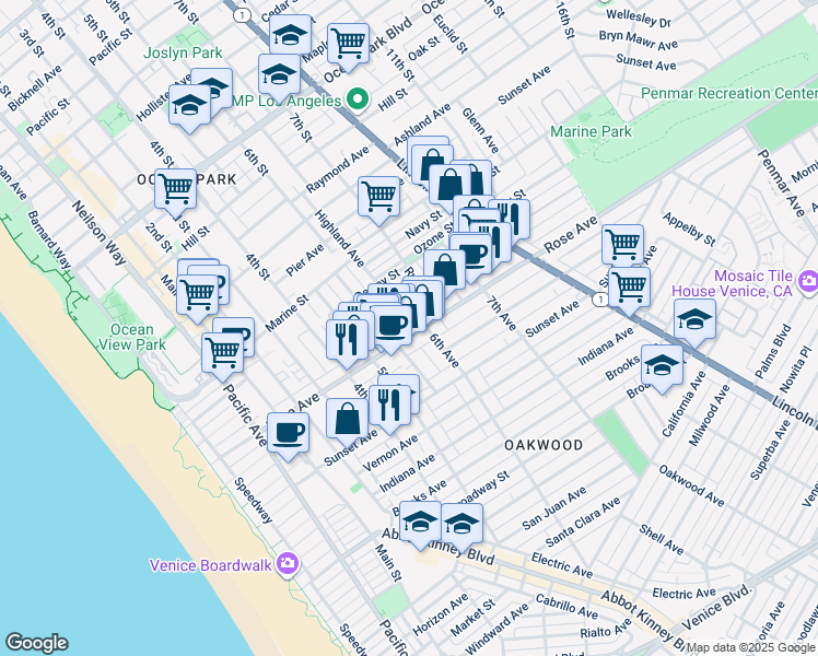 map of restaurants, bars, coffee shops, grocery stores, and more near 535 Rose Avenue in Los Angeles