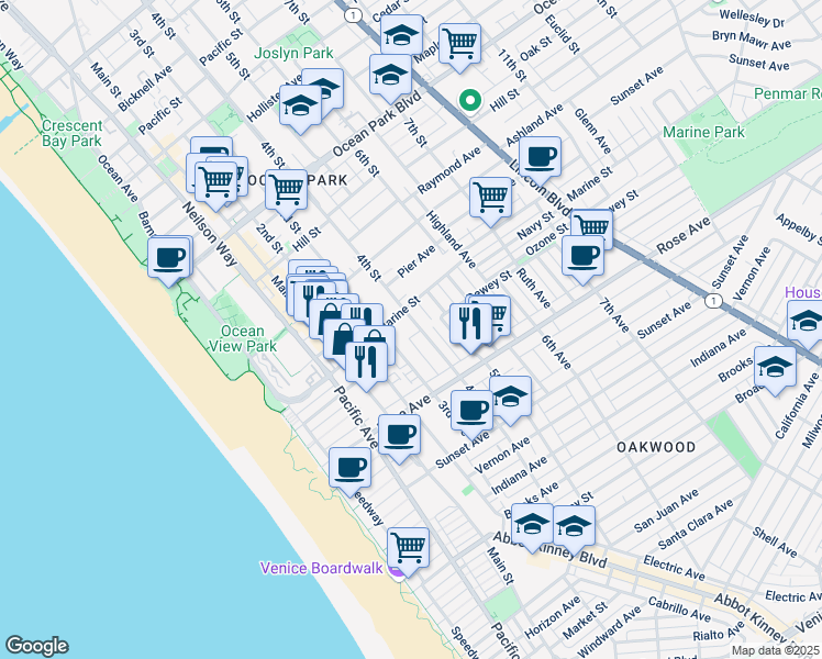 map of restaurants, bars, coffee shops, grocery stores, and more near 200 3rd Avenue in Los Angeles