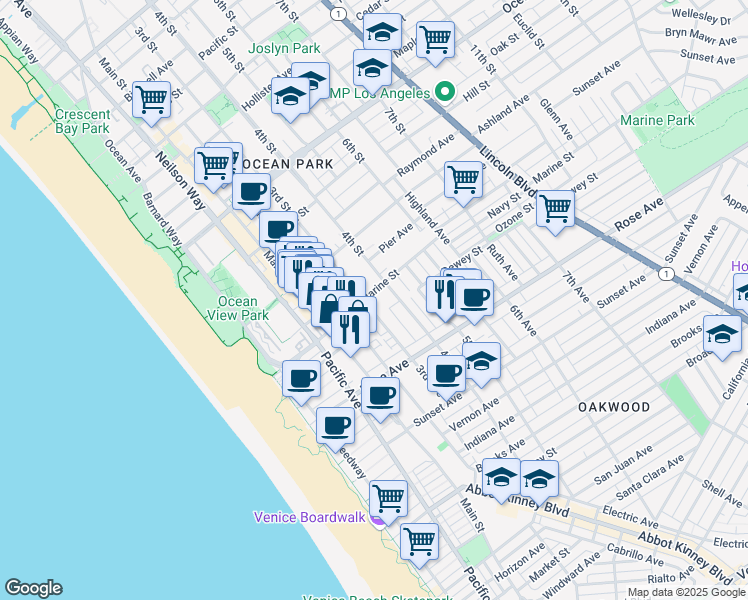 map of restaurants, bars, coffee shops, grocery stores, and more near 3111 3rd Street in Santa Monica