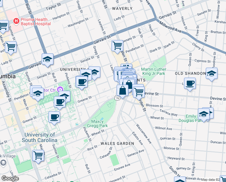 map of restaurants, bars, coffee shops, grocery stores, and more near 1900 Greene Street in Columbia