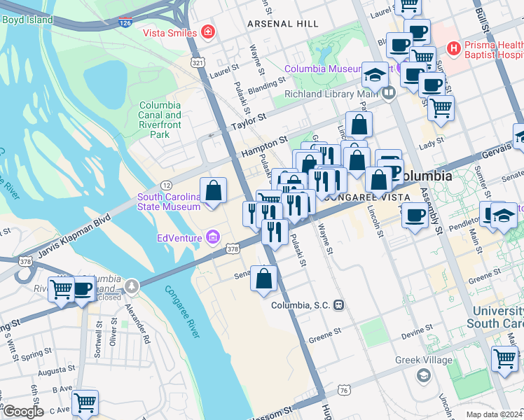 map of restaurants, bars, coffee shops, grocery stores, and more near 522 Lady Street in Columbia