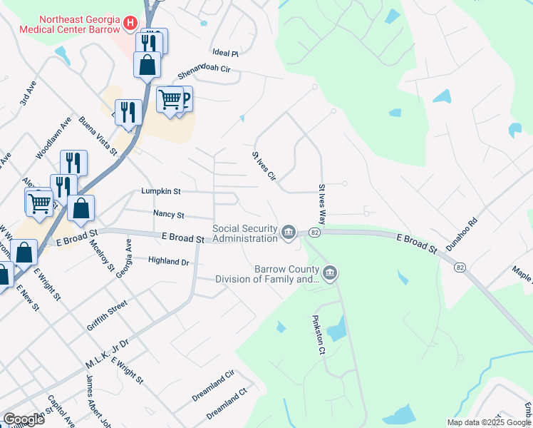map of restaurants, bars, coffee shops, grocery stores, and more near 8 Candlewood Terrace Northeast in Winder