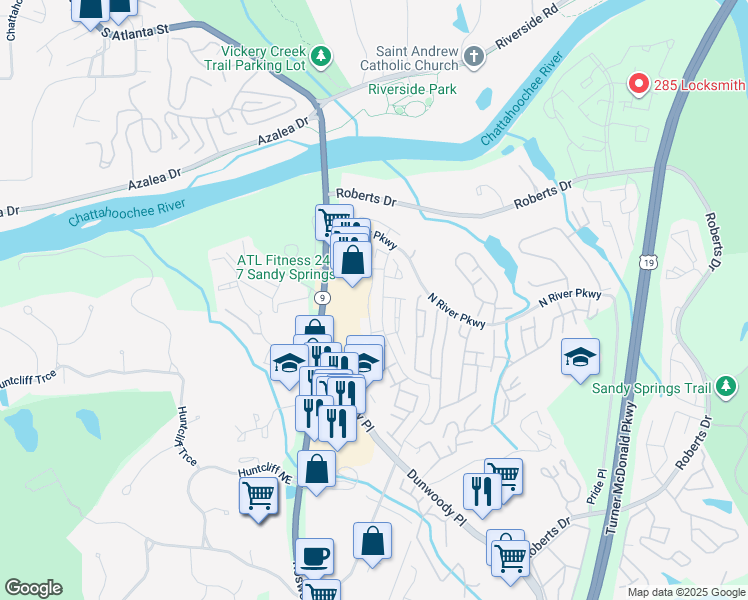 map of restaurants, bars, coffee shops, grocery stores, and more near 320 Winding River Drive in Atlanta