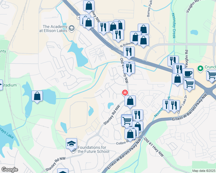 map of restaurants, bars, coffee shops, grocery stores, and more near 2602 Trees of Kennesaw Parkway Northwest in Kennesaw