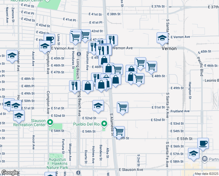 map of restaurants, bars, coffee shops, grocery stores, and more near 4851 South Alameda Street in Vernon