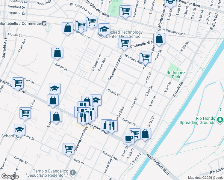 map of restaurants, bars, coffee shops, grocery stores, and more near 1004 Beach Street in Montebello