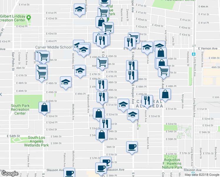 map of restaurants, bars, coffee shops, grocery stores, and more near 1143 East 49th Street in Los Angeles