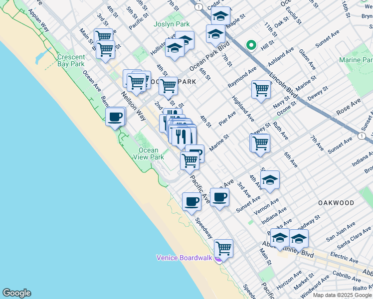 map of restaurants, bars, coffee shops, grocery stores, and more near in Santa Monica