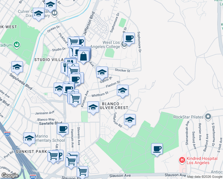 map of restaurants, bars, coffee shops, grocery stores, and more near 10731 Whitburn Street in Culver City