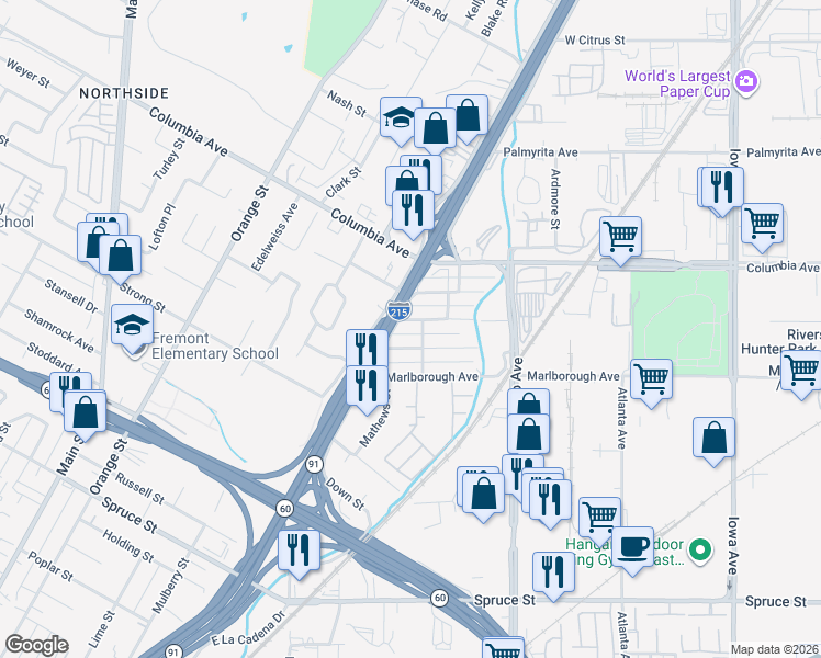 map of restaurants, bars, coffee shops, grocery stores, and more near 2036 Milton Street in Riverside
