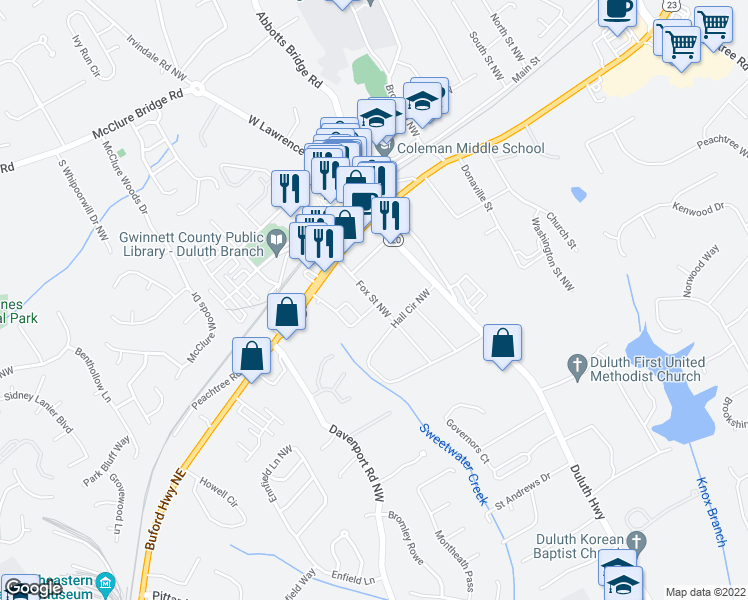 map of restaurants, bars, coffee shops, grocery stores, and more near 3421 Fox Street Northwest in Duluth