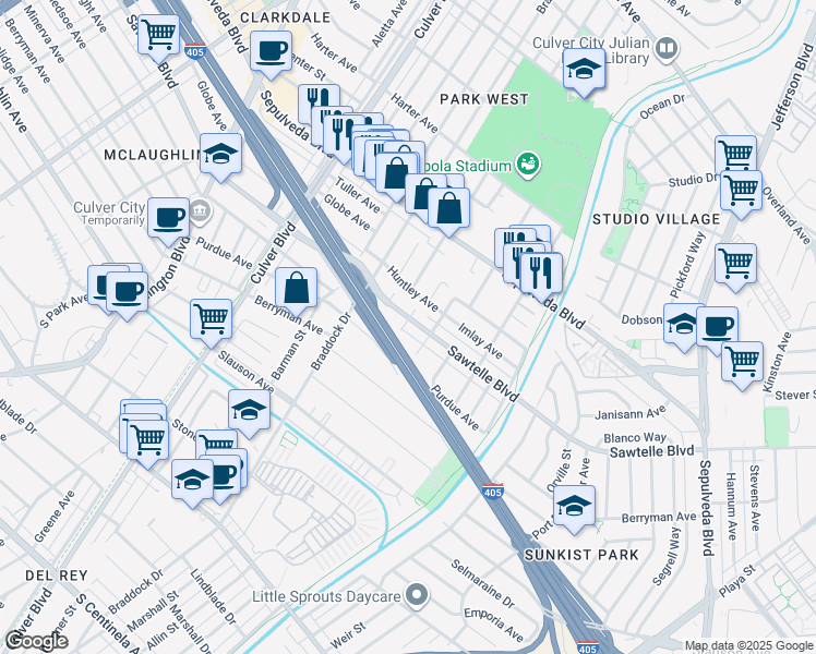 map of restaurants, bars, coffee shops, grocery stores, and more near 4725 Sawtelle Boulevard in Culver City
