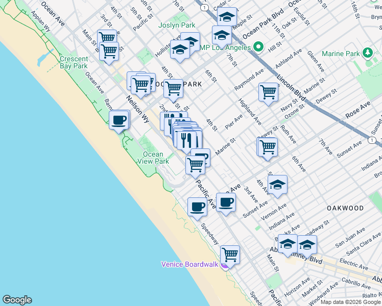 map of restaurants, bars, coffee shops, grocery stores, and more near in Santa Monica