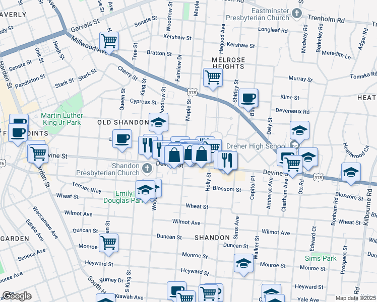 map of restaurants, bars, coffee shops, grocery stores, and more near 724 Maple Street in Columbia