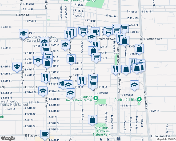 map of restaurants, bars, coffee shops, grocery stores, and more near 1440 East 48th Place in Los Angeles