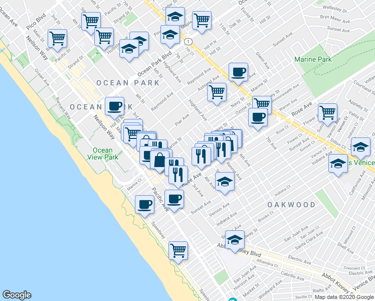 map of restaurants, bars, coffee shops, grocery stores, and more near 202 4th Avenue in Los Angeles County