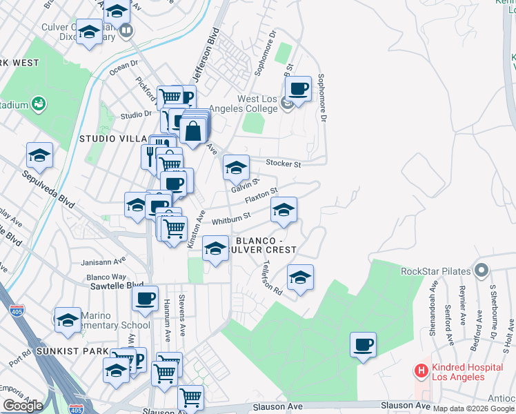 map of restaurants, bars, coffee shops, grocery stores, and more near 10731 Whitburn Street in Culver City