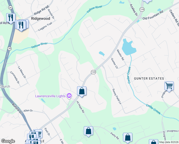 map of restaurants, bars, coffee shops, grocery stores, and more near 858 Braselton Highway in Lawrenceville