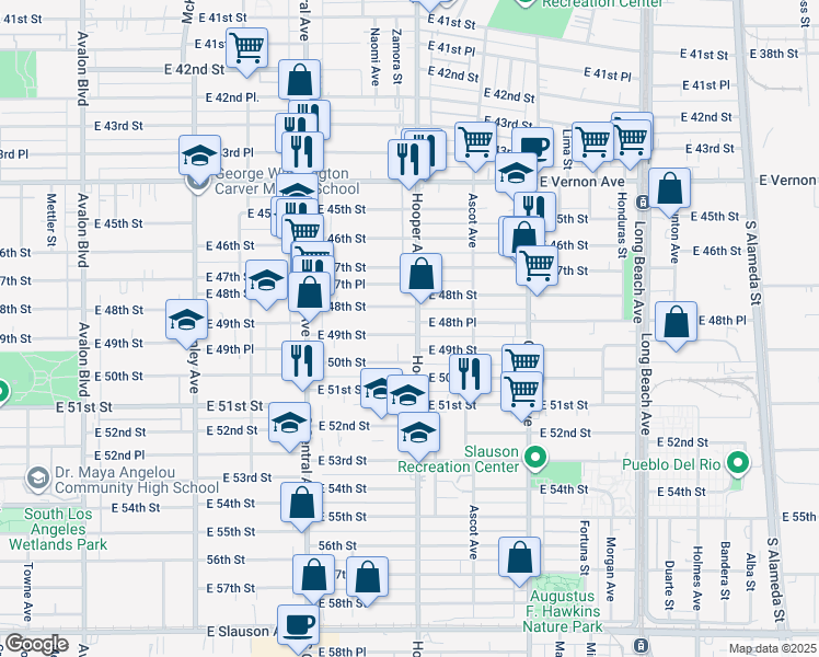 map of restaurants, bars, coffee shops, grocery stores, and more near 1277 East 49th Street in Los Angeles