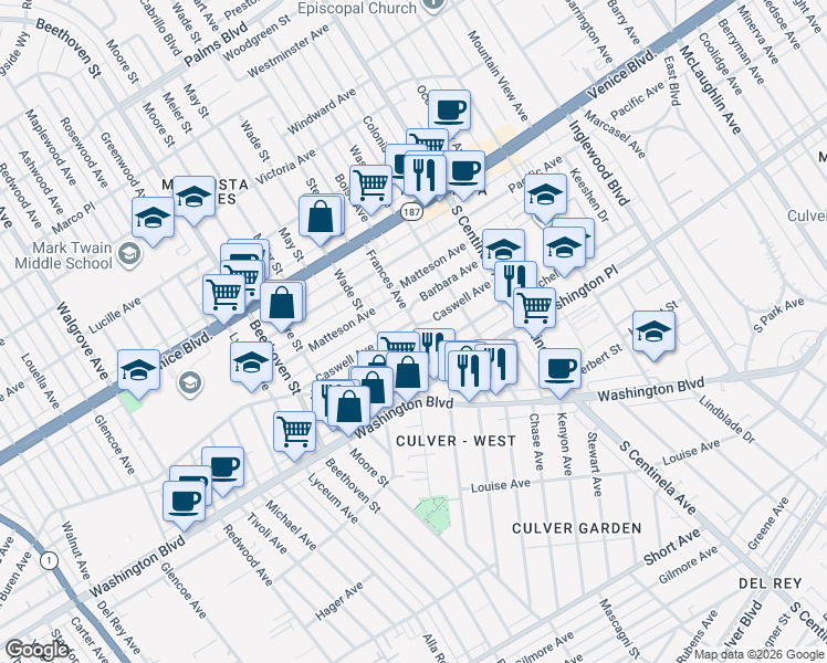 map of restaurants, bars, coffee shops, grocery stores, and more near 12626 Caswell Avenue in Los Angeles