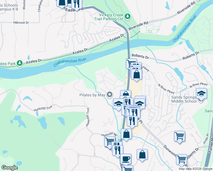 map of restaurants, bars, coffee shops, grocery stores, and more near 233 Huntcliff Village Court in Sandy Springs