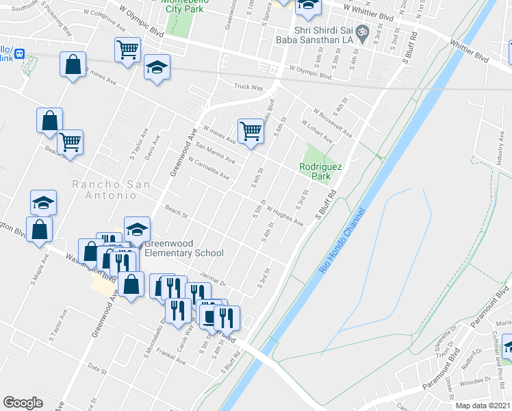 map of restaurants, bars, coffee shops, grocery stores, and more near 701 South 5th Street in Montebello