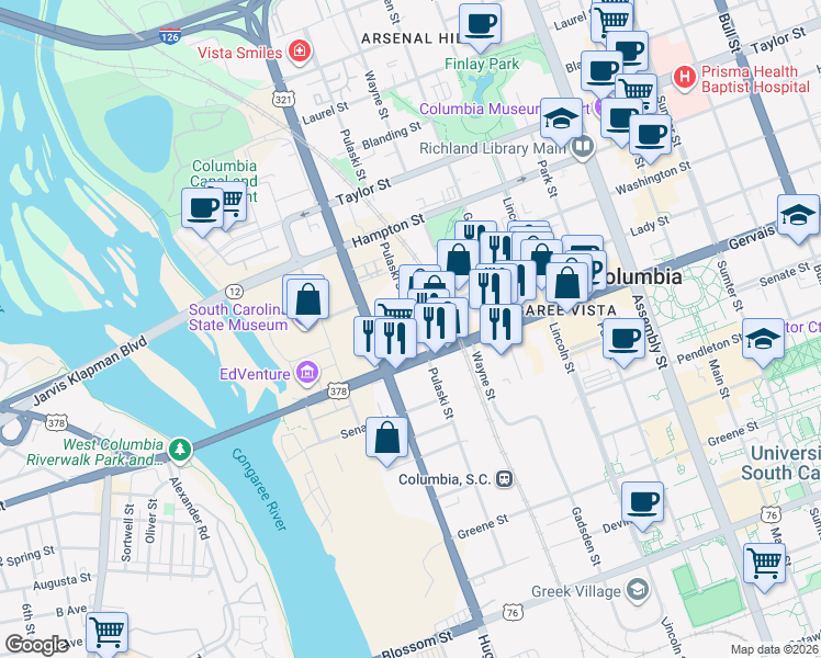 map of restaurants, bars, coffee shops, grocery stores, and more near 112 Pulaski Street in Columbia