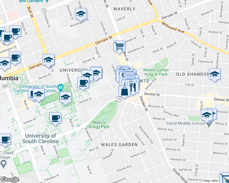 map of restaurants, bars, coffee shops, grocery stores, and more near 1900 Greene Street in Columbia