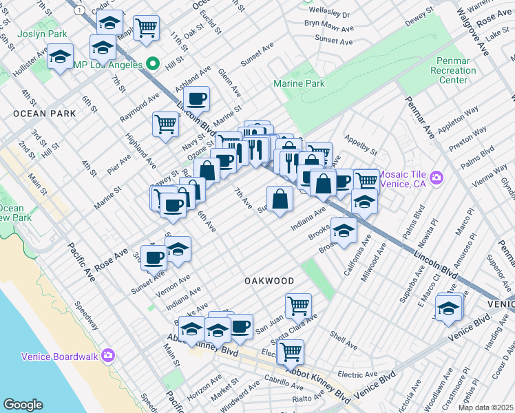 map of restaurants, bars, coffee shops, grocery stores, and more near 705 Sunset Avenue in Los Angeles