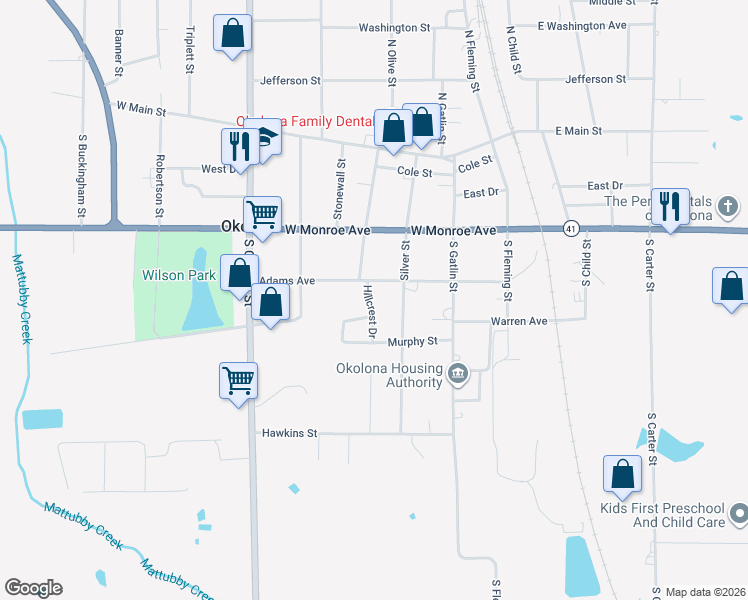 map of restaurants, bars, coffee shops, grocery stores, and more near 304 Hillcrest Drive in Okolona