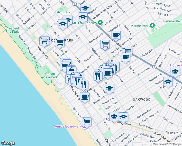 map of restaurants, bars, coffee shops, grocery stores, and more near 202 4th Avenue in Los Angeles County