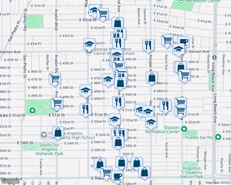 map of restaurants, bars, coffee shops, grocery stores, and more near 4903 South Central Avenue in Los Angeles