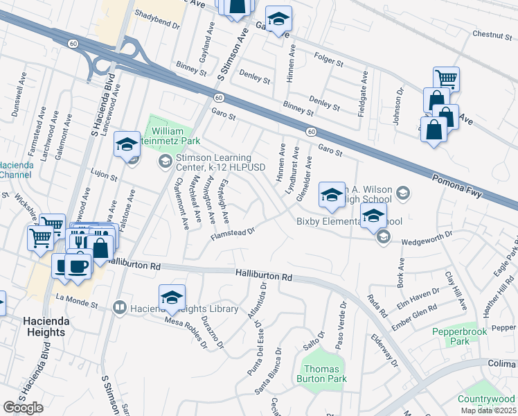 map of restaurants, bars, coffee shops, grocery stores, and more near 16220 Sigman Street in Hacienda Heights