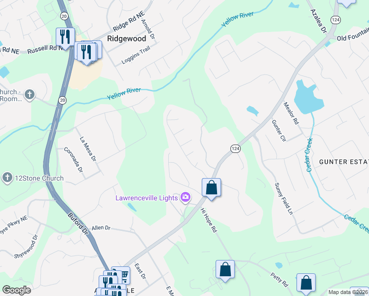 map of restaurants, bars, coffee shops, grocery stores, and more near 804 Cannondale Court Northeast in Lawrenceville