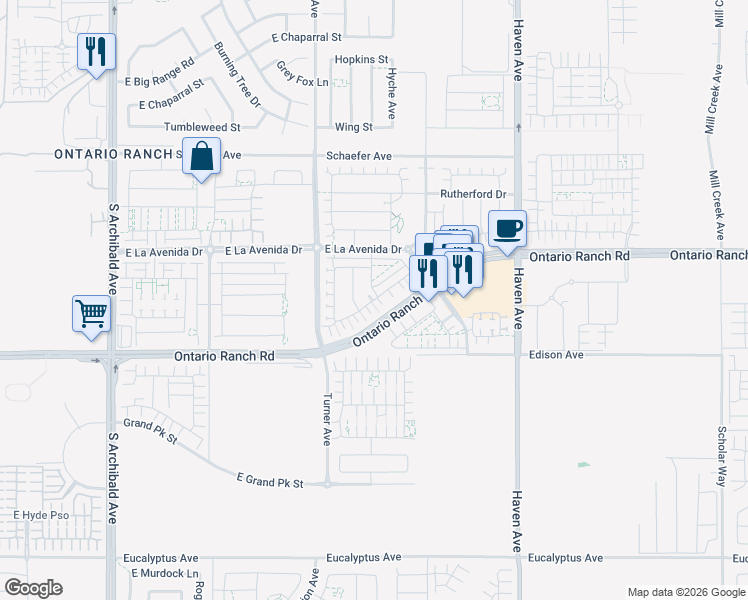 map of restaurants, bars, coffee shops, grocery stores, and more near 3210 East Yountville Drive in Ontario