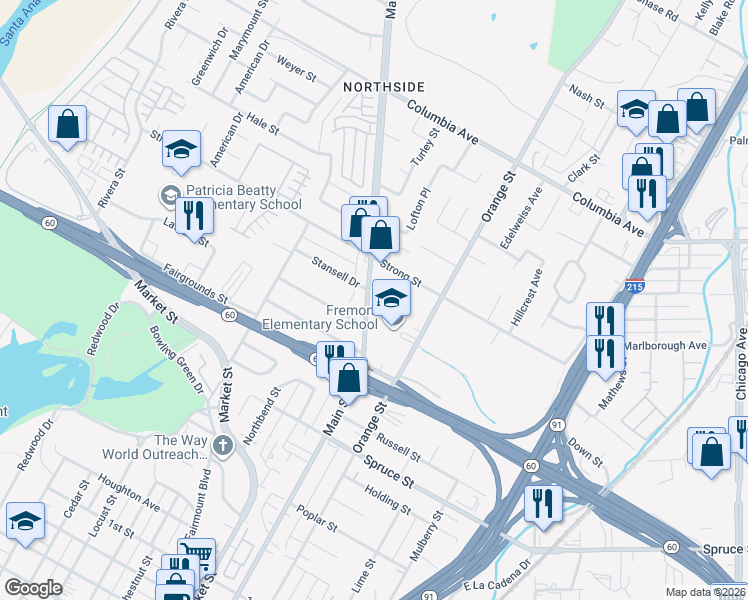 map of restaurants, bars, coffee shops, grocery stores, and more near 1816 Main Street in Riverside