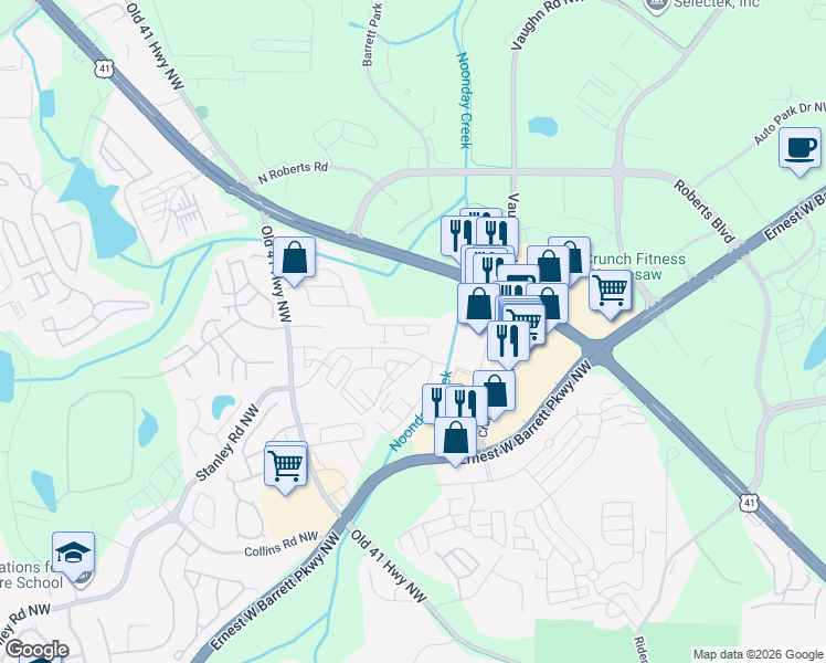 map of restaurants, bars, coffee shops, grocery stores, and more near 1375 Dolcetto Trace in Kennesaw
