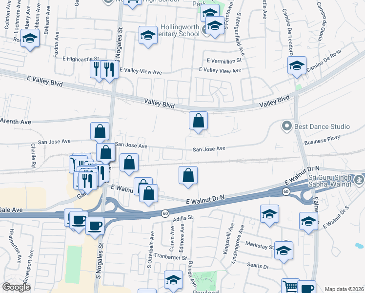 map of restaurants, bars, coffee shops, grocery stores, and more near 19275 San Jose Avenue in City of Industry