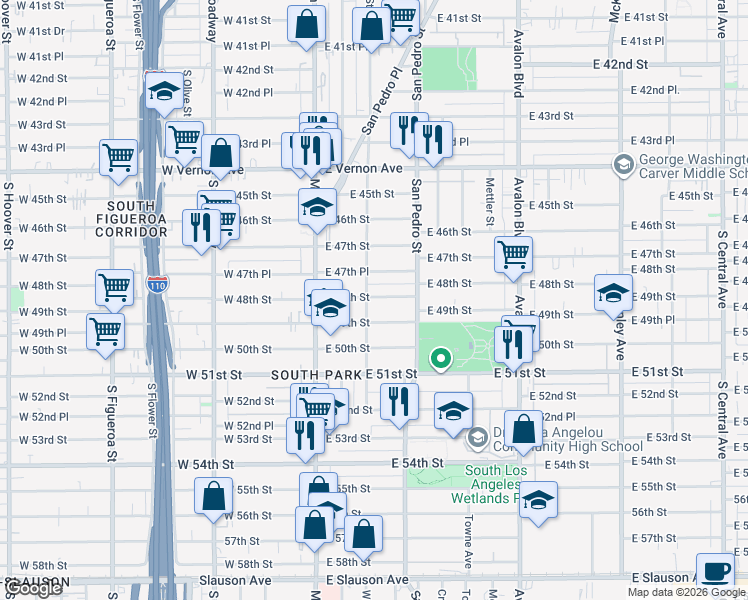map of restaurants, bars, coffee shops, grocery stores, and more near 214 East 48th Street in Los Angeles