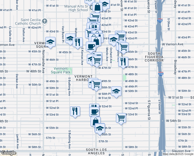 map of restaurants, bars, coffee shops, grocery stores, and more near 4818 South Vermont Avenue in Los Angeles
