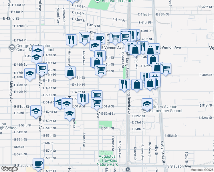 map of restaurants, bars, coffee shops, grocery stores, and more near 1556 East 48th Place in Los Angeles