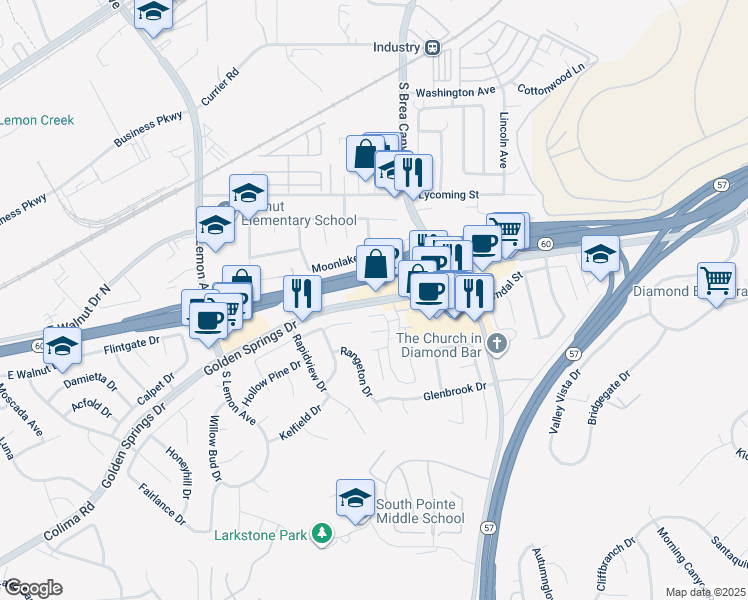map of restaurants, bars, coffee shops, grocery stores, and more near Golden Springs Drive in City of Industry
