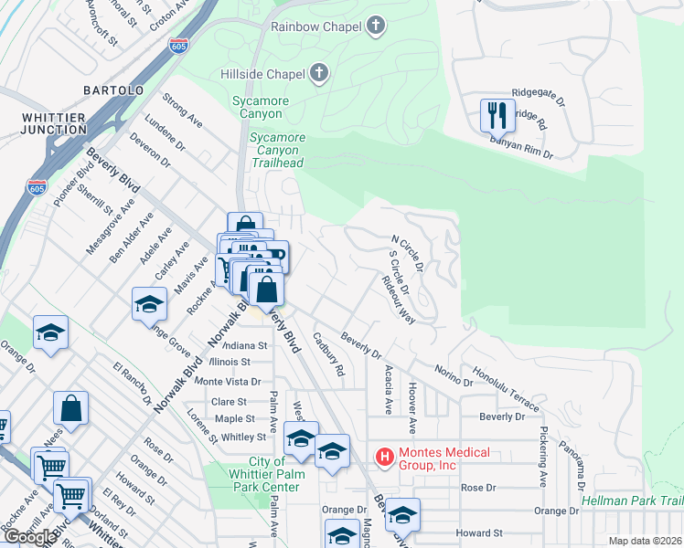 map of restaurants, bars, coffee shops, grocery stores, and more near 5246 Cadbury Rd in Whittier