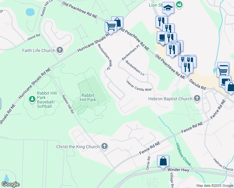 map of restaurants, bars, coffee shops, grocery stores, and more near 2015 Beckenham Walk Lane in Dacula