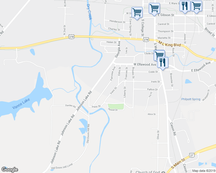 map of restaurants, bars, coffee shops, grocery stores, and more near 343 Fairview Avenue in Cedartown