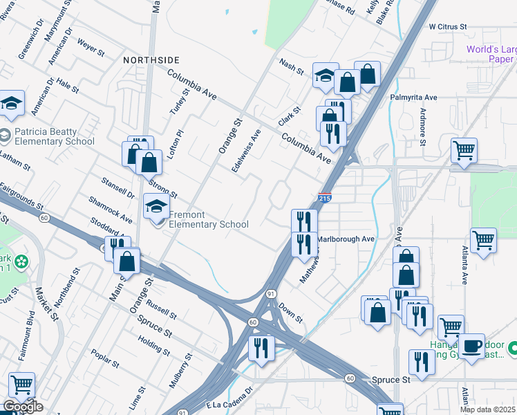 map of restaurants, bars, coffee shops, grocery stores, and more near 1572 Hillcrest Avenue in Riverside
