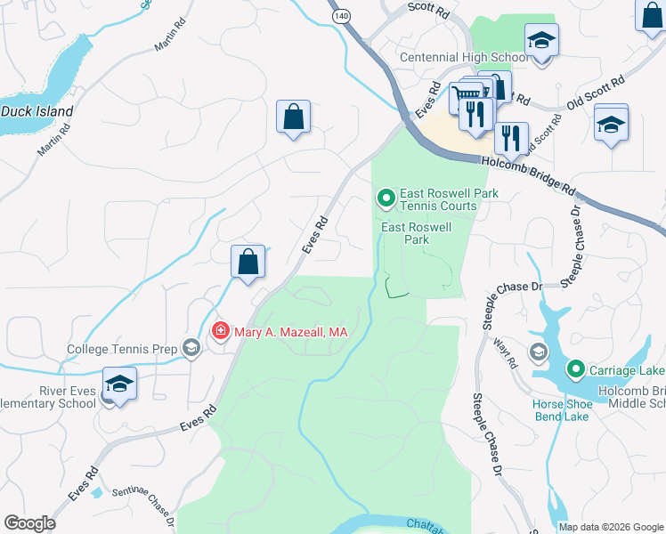 map of restaurants, bars, coffee shops, grocery stores, and more near 9090 Cobbler Court in Roswell